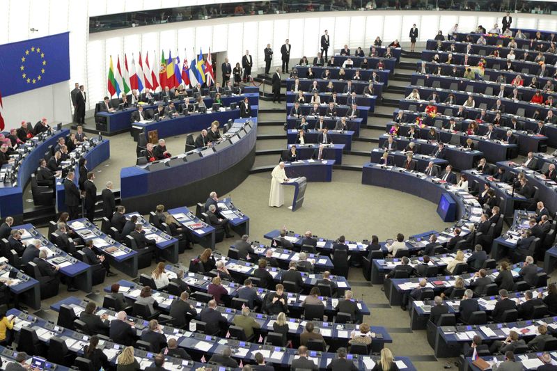 © Reuters. Pope Francis delivers his speech at the European Parliament in Strasbourg, eastern France