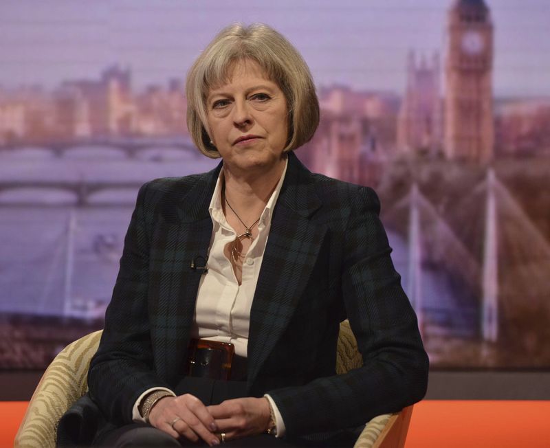 © Reuters. Britain's Home Secretary Theresa May appears on the BBC's Andrew Marr Show, in this photograph received via the BBC in London