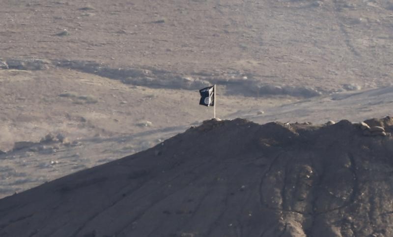 © Reuters. Black flag belonging to the Islamic State is seen near the Syrian town of Kobani, as pictured from the Turkish-Syrian border near the southeastern town of Suruc in Sanliurfa province