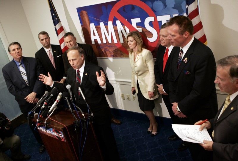 © Reuters. File photo of Rep. Steve King speaking out against any guest-worker legislation for immigrants during a news conference on Capitol Hill in Washington