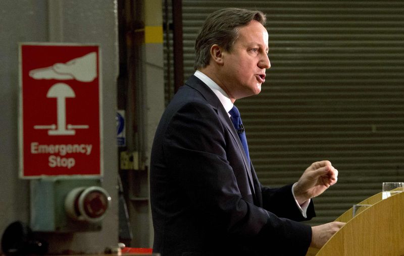 © Reuters. File photo of Britain's Prime Minister David Cameron delivering a speech at JCB World Headquarters in Rocester