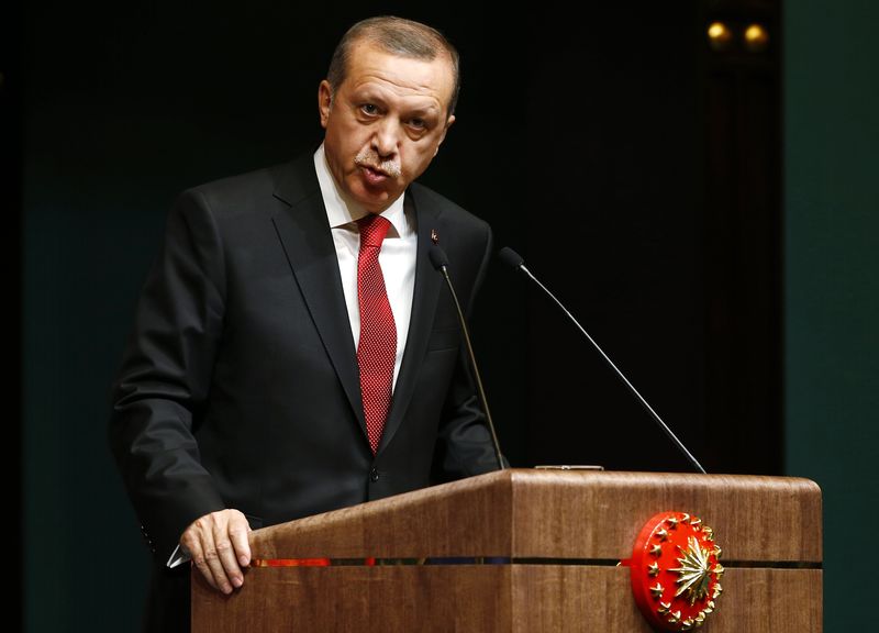 © Reuters. Turkey's President Erdogan addresses the media during a news conference at the Presidential Palace in Ankara