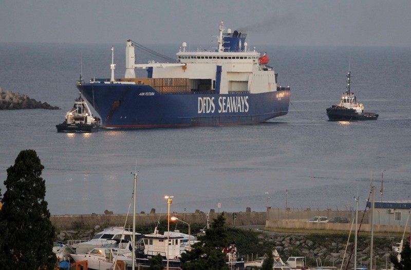 © Reuters. Danish ship Ark Future, carrying a cargo of Syria's chemical weapons, is seen as it arrives at Gioia Tauro port in southern Italy