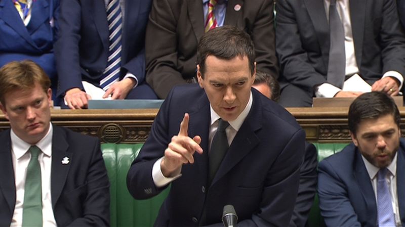 © Reuters. A still image from video shows Britain's Chancellor of the Exchequer George Osborne gesturing as he delivers the Autumn Statement to Parliament in London