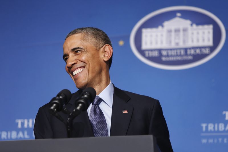 © Reuters. U.S. President Barack Obama smiles during remarks at the White House Tribal Nations Conference in Washington