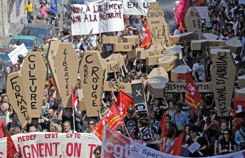 © Reuters. Part-time and temporary arts workers, known as "intermittents", hold coffin-shaped cardboard boxes as they demonstrate over government plans to accept the unemployment insurance agreement in Marseille