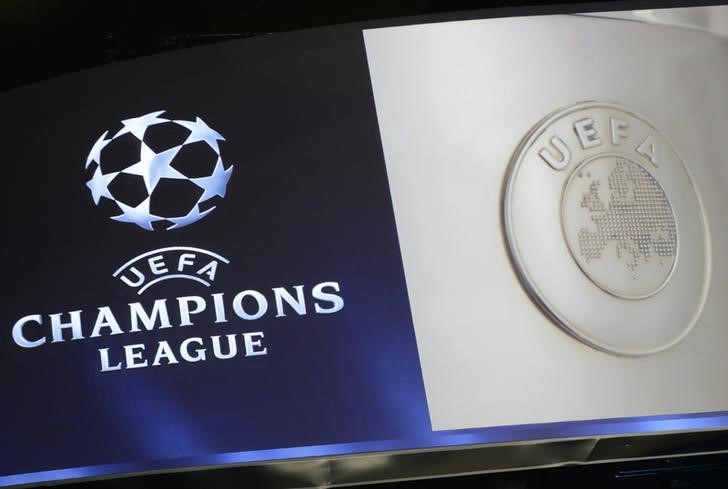 © Reuters. The UEFA Champions League logo is seen during the draw ceremony for the 2013/2014 Champions League soccer competition at Monaco's Grimaldi Forum in Monte-Carlo