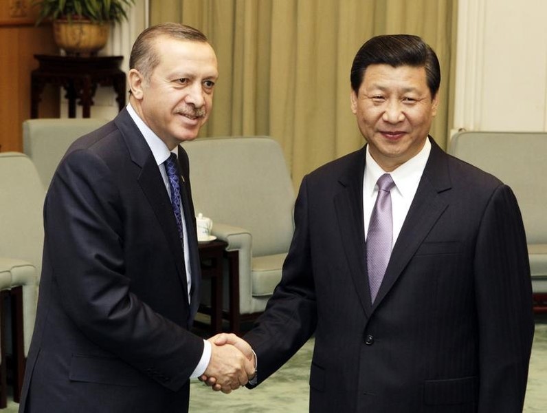 © Reuters. China's Vice President Xi shakes hands with Turkey's Prime Minister Erdogan at the Great Hall of the People in Beijing