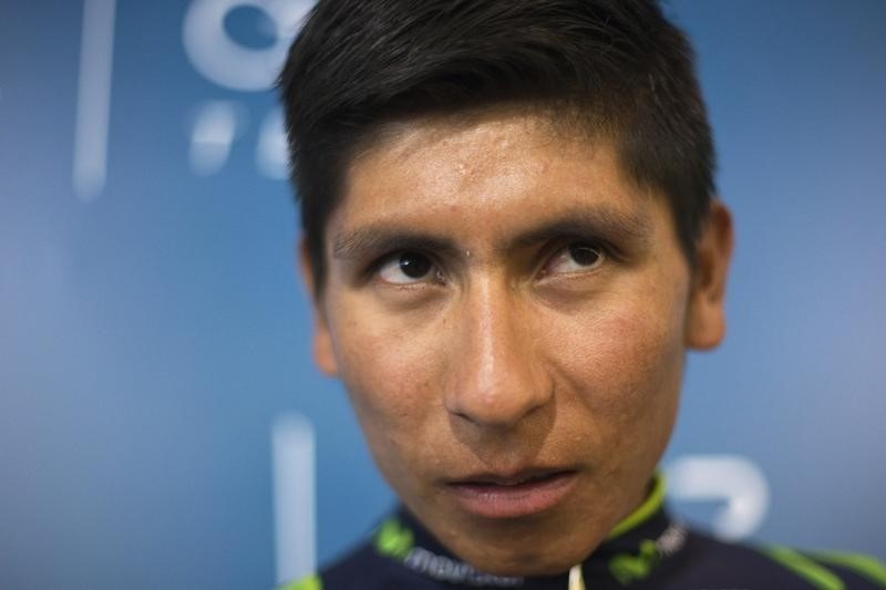 © Reuters. Movistar cyclist Quintana of Colombia reacts during the presentation of Movistar's cycling team in Madrid