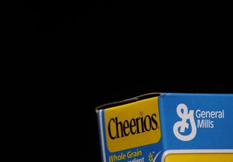 © Reuters. The General Mills logo is seen on a box of cereal in Evanston