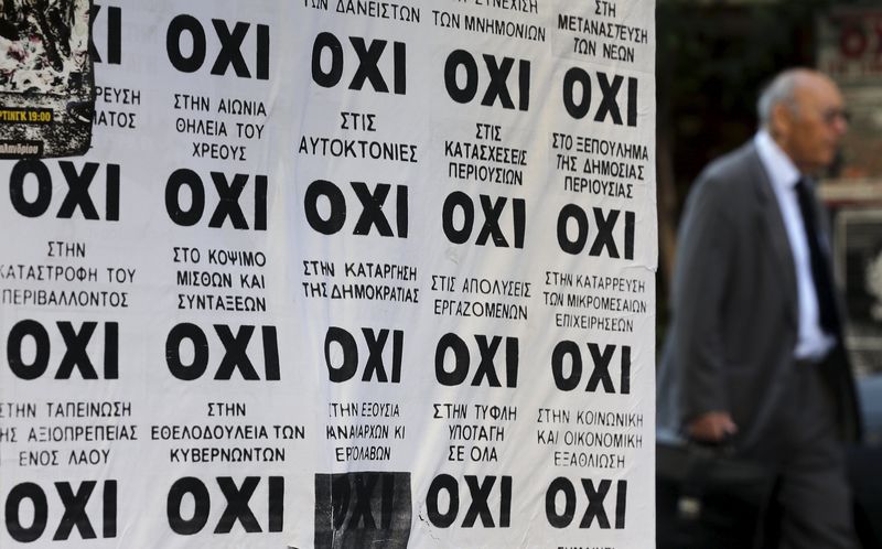 © Reuters. A man makes his way past posters that show the word 'No' in Greek in Athens