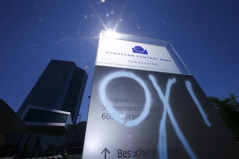 © Reuters. The word 'No' in Greek is daubed over the sign for the new ECB headquarters in Frankfurt