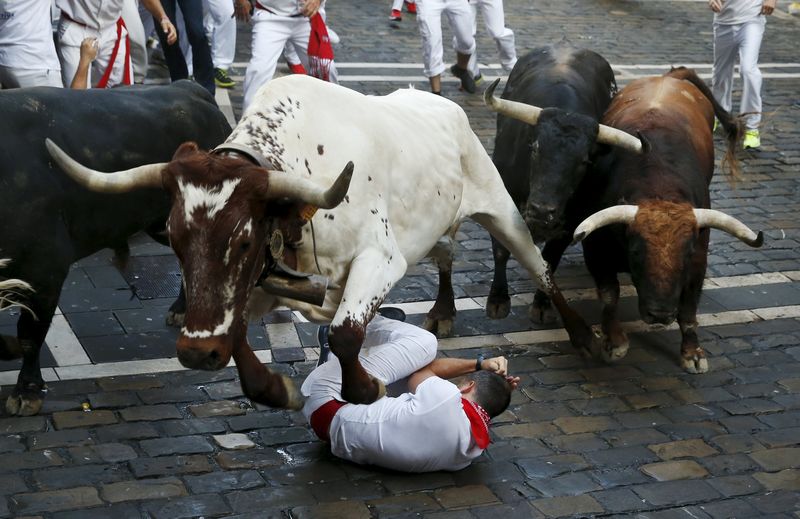 © Reuters. Touros passam por homem caído durante corrida de touros de São Firmino em Pamplona, na Espanha