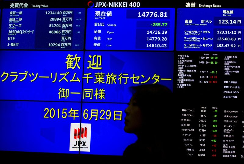 © Reuters. Woman stands in front of display showing market indices at Tokyo Stock Exchange in Tokyo