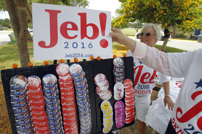 © Reuters. Campaign buttons for Republican U.S. presidential candidate and former Florida Governor Bush are displayed prior campaign kickoff rally in Miami