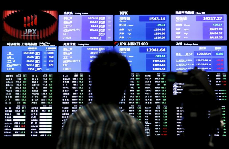 © Reuters. A videographer films an electronic board showing the Japan's Nikkei average and related indexes at the Tokyo Stock Exchange in Tokyo 