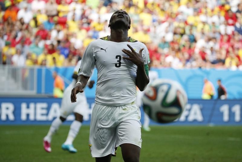 © Reuters. Ghana's Gyan celebrates his goal against Portugal during their 2014 World Cup Group G soccer match at the Brasilia national stadium in Brasilia