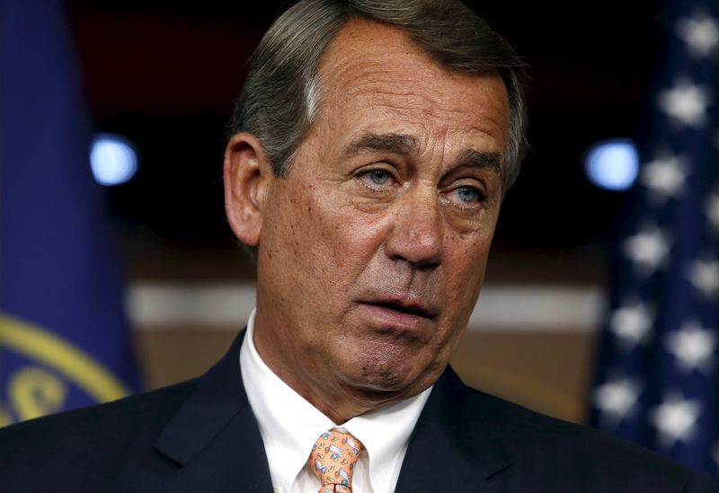 © Reuters. House Speaker John Boehner speaks about an Iran nuclear deal during his weekly press briefing 