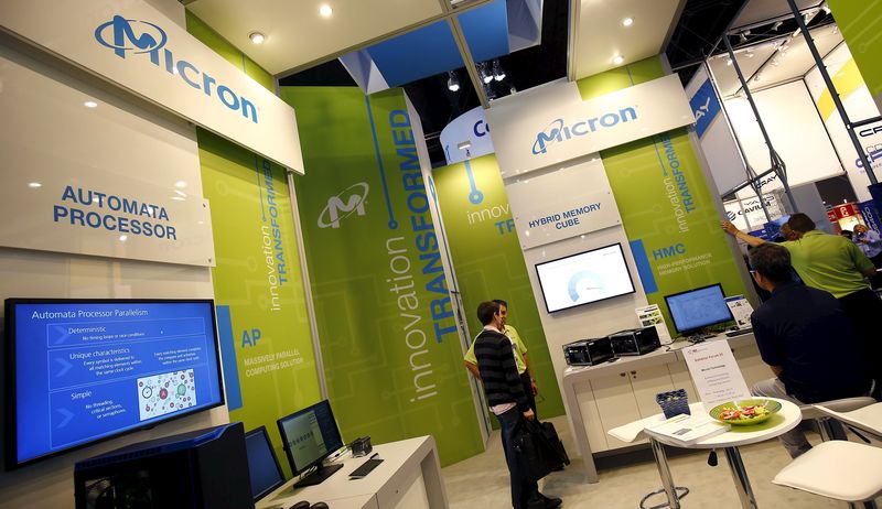 © Reuters. The booth of U.S. memory chip maker MicronTechnology is pictured at an industrial fair in Frankfurt