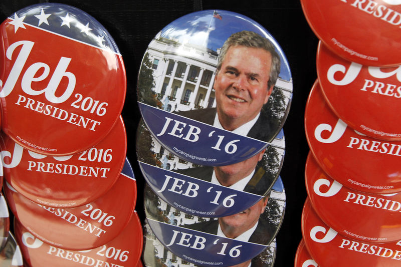 © Reuters. Campaign buttons for Republican U.S. presidential candidate and former Florida Governor Bush are displayed prior campaign kickoff rally in Miami