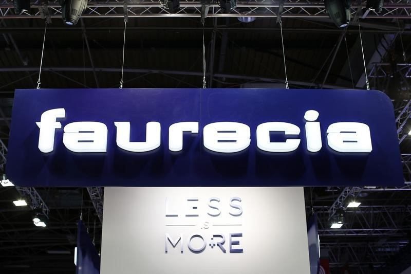 © Reuters. The sign of French maker of car interiors Faurecia is pictured on the company's showcase on media day at the Paris Mondial de l'Automobile