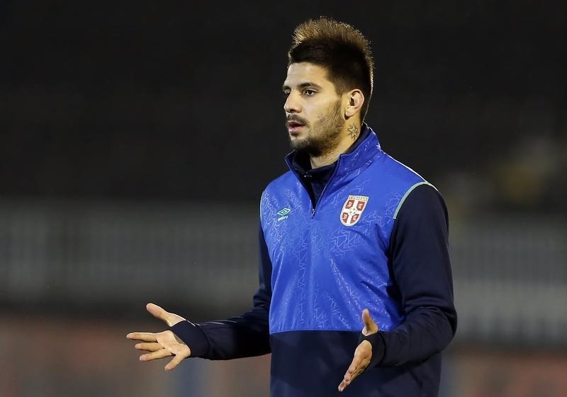 © Reuters. Serbia's Aleksandar Mitrovic attends a training session at Partizan Belgrade stadium in Belgrade