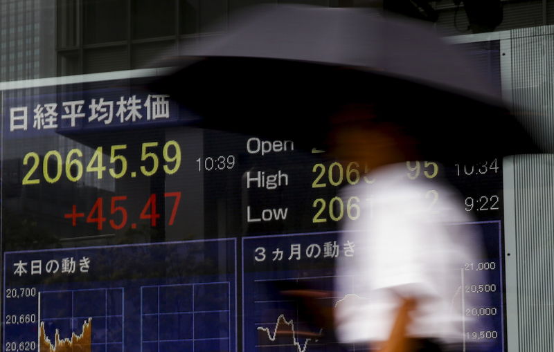 © Reuters. A man walks past board displaying the Nikkei average in Tokyo