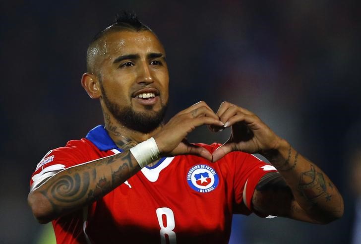 © Reuters. Vidal comemora gol marcado pela seleção do Chile na Copa América