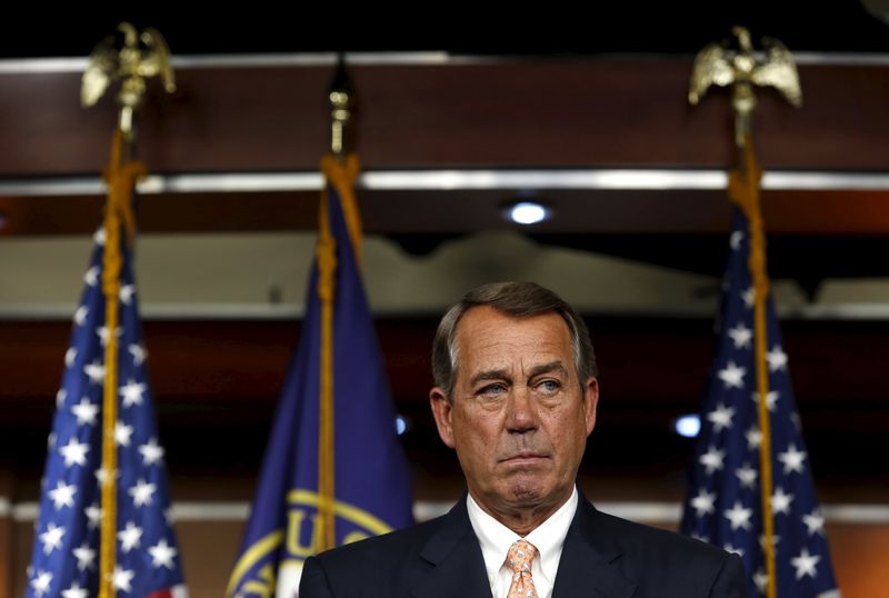 © Reuters. U.S. House Speaker Boehner (R-OH) speaks at his weekly press briefing on Capitol Hill in Washington
