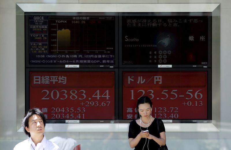 © Reuters. People stand in front of electronic boards showing Japan's Nikkei average and the exchange rates between the Japanese yen against the U.S. dollar outside a brokerage in Tokyo