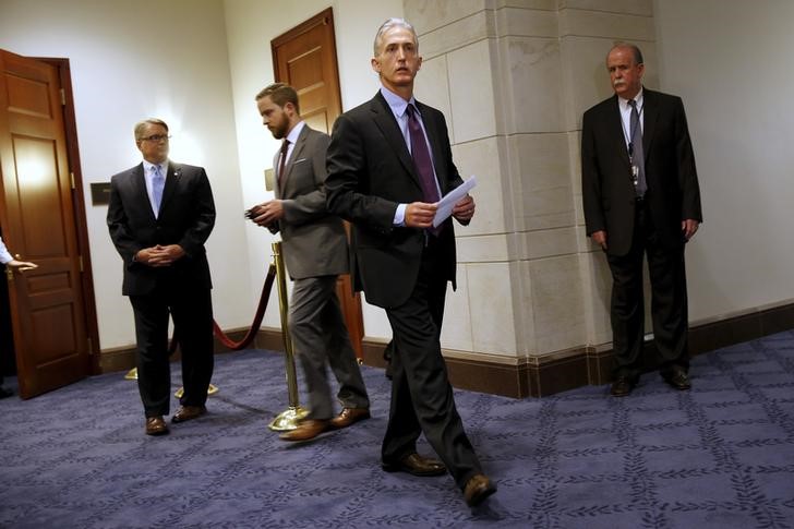 © Reuters. Gowdy walks out to talk to reporters before deposing Blumenthal in a private session of the House Select Committee on Benghazi at the U.S. Capitol in Washington