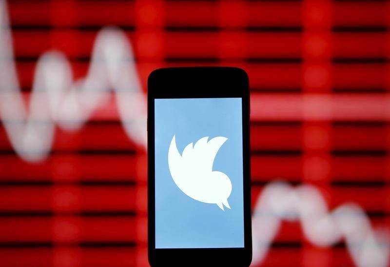 © Reuters. Photo illustration of Twitter logo in front of stock graph
