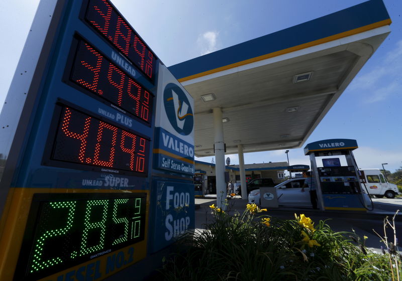 © Reuters. The current price of gasoline is shown on a gas station sign in Encinitas