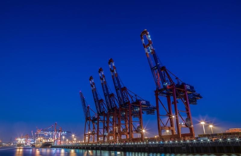 © Reuters. Loading cranes are seen at a shipping terminal  in the harbour in Hamburg