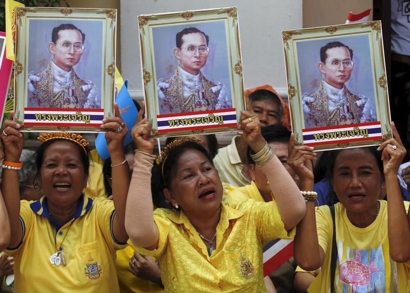 © Reuters. Well-wishers hold up pictures of Thailand's King Bhumibol Adulyadej at Siriraj Hospital in Bangkok