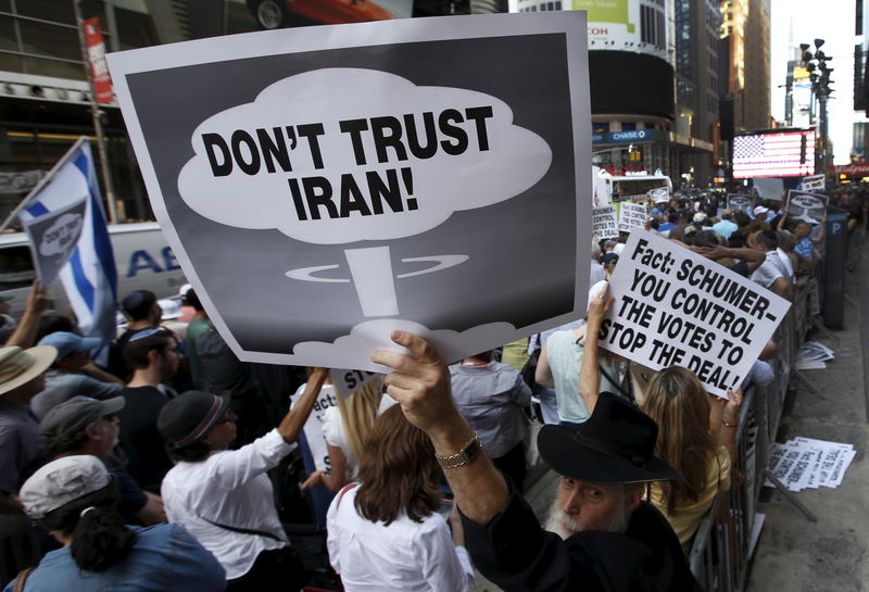 © Reuters. A man holds up a sign as he and several thousand other protestors demonstrate during a rally apposing the nuclear deal with Iran in Times Square in the Manhattan borough of New York