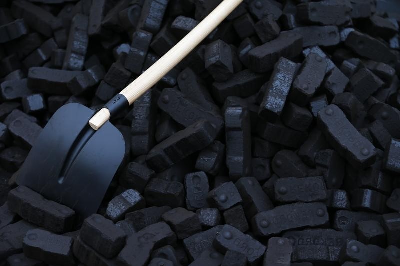 © Reuters. A shovel is placed over coal briquettes during a protest in front of the chancellery in Berlin