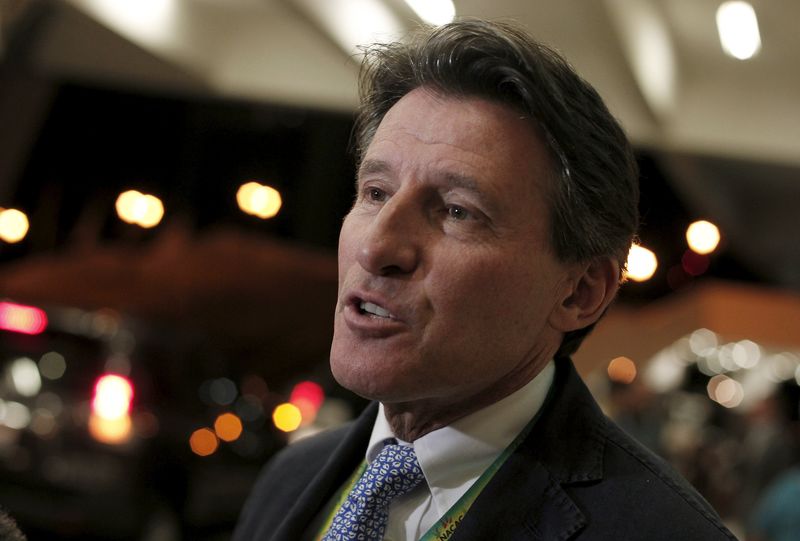 © Reuters. British politician and former athlete Sebastian Coe, speaks to the media after attending the North, Central America and Caribbean Senior Championships inauguration at the National stadium in San Jose