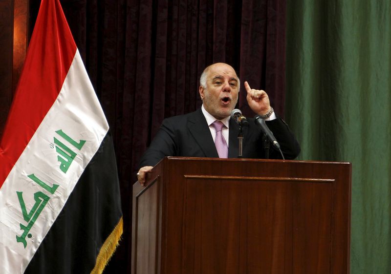 © Reuters. Iraqi Prime Minister Haider al-Abadi speaks during the International Youth Day in Baghdad