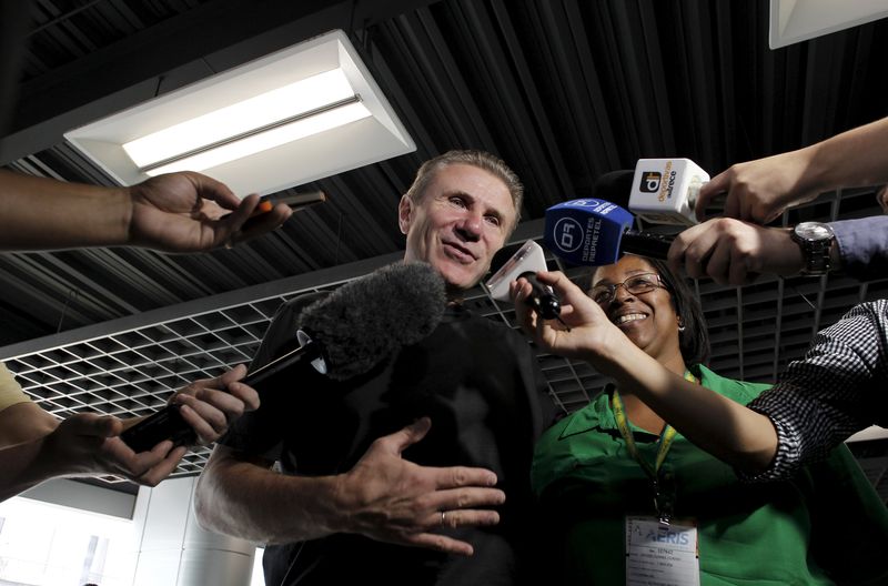 © Reuters. International Olympic Committee (IOC) member and pole vault legend Sergey Bubka of Ukraine, speaks to the press upon his arrival at the Juan Santamaria international airport in Alajuela
