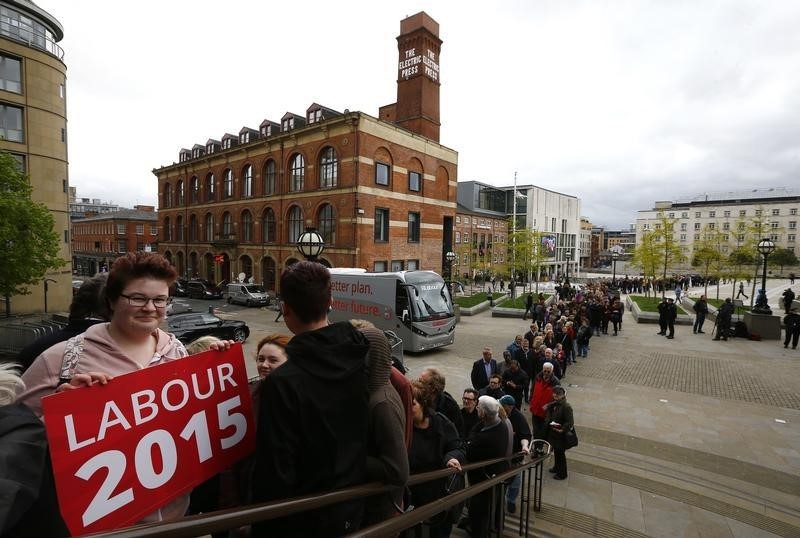 © Reuters. Supporters queue to get in to Britain's Labour Party's leader Ed Miliband's final campaign event in Leeds, northern England