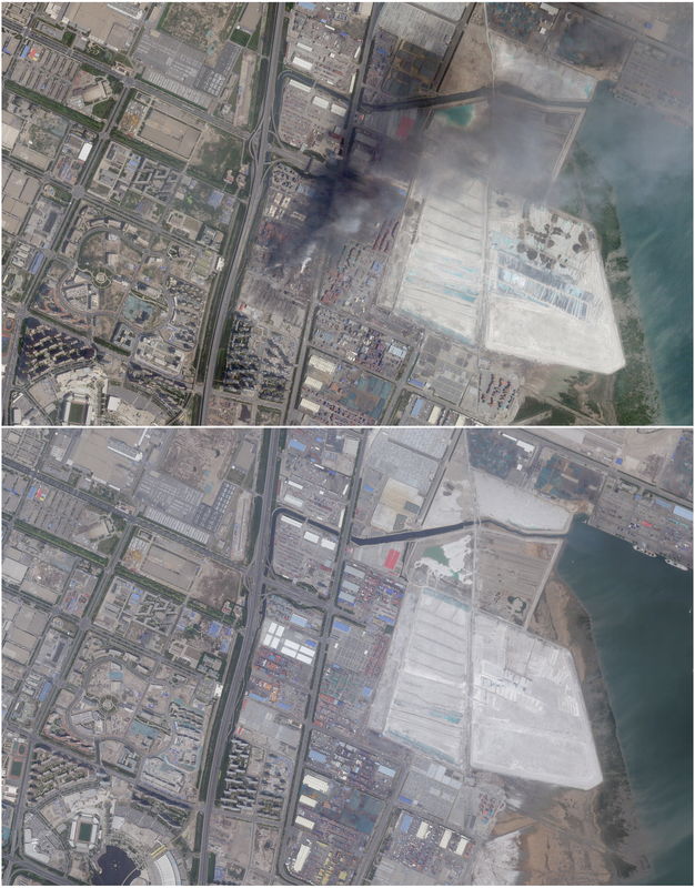 © Reuters. A satellite imagery of the Tianjin China explosion collected by Skybox Imaging courtesy of Google