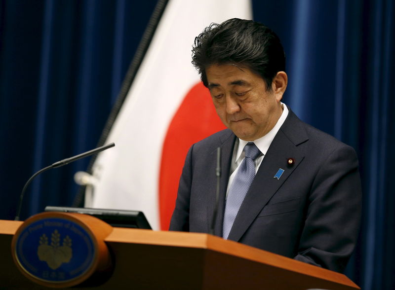 © Reuters. Primeiro-ministro do Japão, Shinzo Abe, durante discurso sobre os 70 anos do fim da Segunda Guerra Mundial, em Tóquio