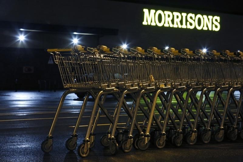© Reuters. Shopping trolleys are stacked in the car park of a Morrisons supermarket store in Croydon