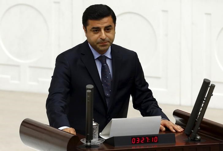 © Reuters. Leader of Turkey's pro-Kurdish opposition Peoples' Democratic Party Demirtas takes his oath at the Turkish parliament in Ankara