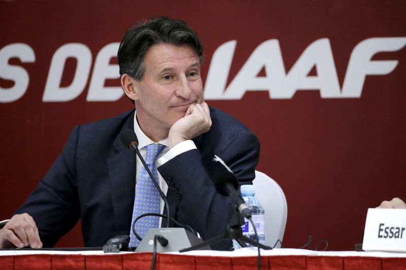 © Reuters. Newly elected President of International Association of Athletics Federations Coe listens to a question at a news conference in Beijing