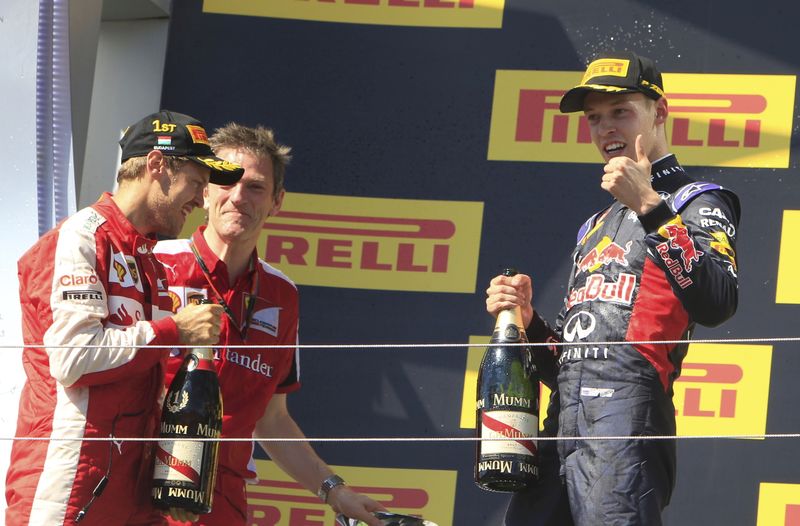 © Reuters. Second placed Red Bull Formula One driver Kvyat of Russia celebrates after the Hungarian F1 Grand Prix at the Hungaroring circuit, near Budapest