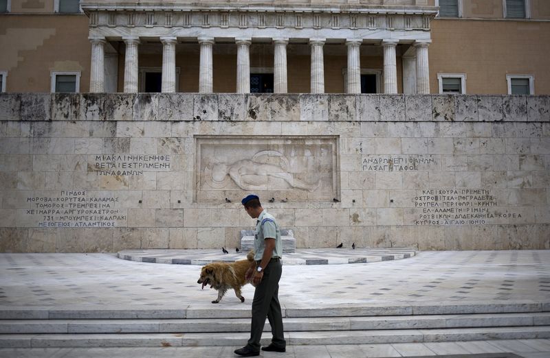 © Reuters. Member of the Greek Presidential guard walks next to a stray dog in front of the parliament building in Athens