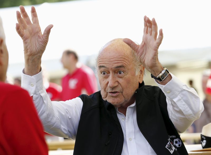 © Reuters. Blatter gestures before the first game of the so-called "Sepp Blatter tournament" in Ulrichen