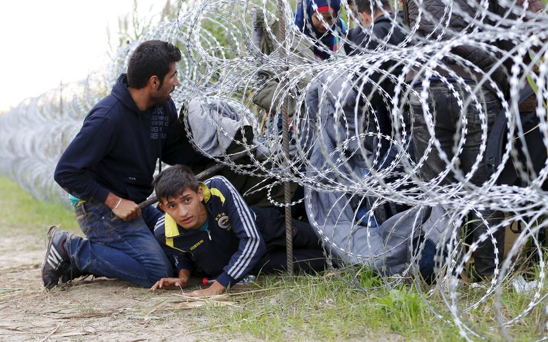 © Reuters. Imigrantes sírios cruzam fronteira sob cerca de arame farpado na fronteira entre Hungria e Sérvia